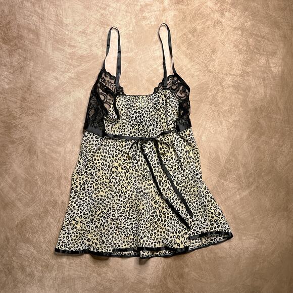 Y2K Cheetah Print Sheer Micro Mini Lingerie Dress Black Lace Satin Ribbon Animal - Picture 2 of 6